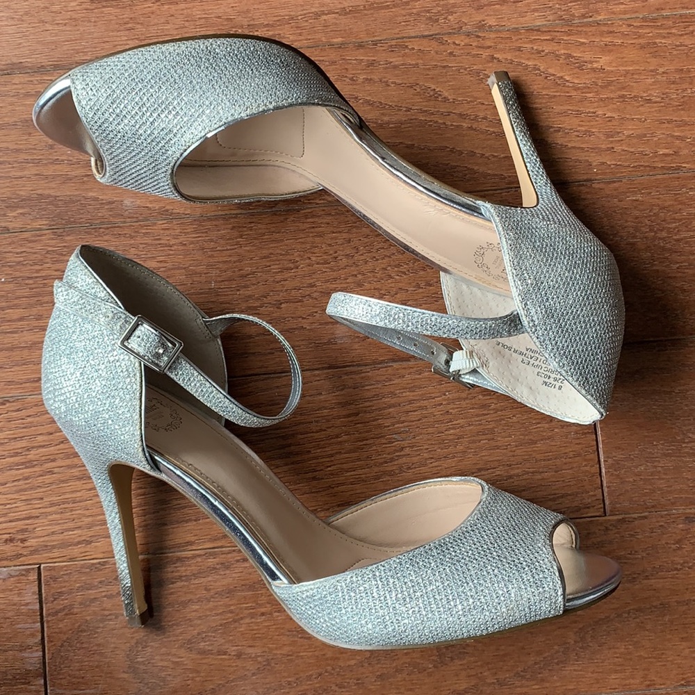 I. Miller Silver Glittery Ankle Strap Peep Toe Heels Prom Wedding Bridal 8.5
